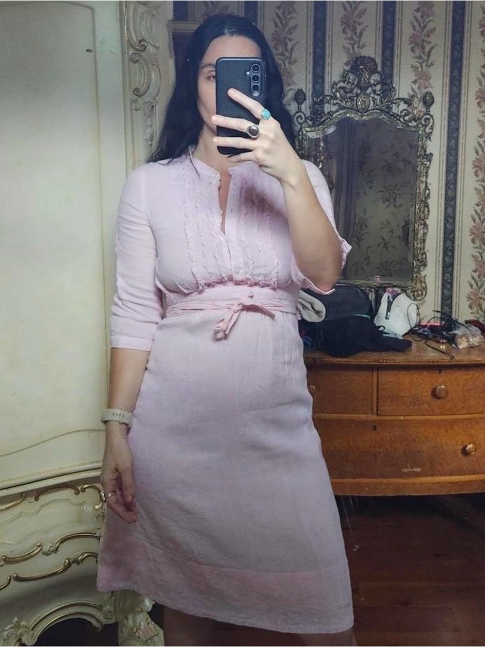 J. Crew Pale Pink Linen Tie-Waist Midi Dress